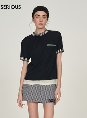 ICE DUST 2025秋季新款纯羊毛简约撞色短袖女时尚休闲百搭圆领T恤