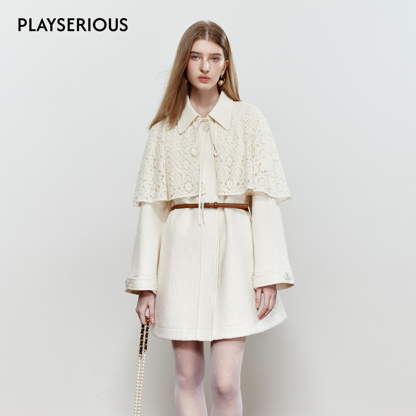 ROCHAROMMA 2025秋季新款可拆卸蕾丝斗篷大衣女简约纯色大衣外套