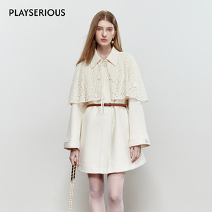 可拆卸蕾丝斗篷大衣女简约纯色大衣外套 新款 ROCHAROMMA 2025秋季