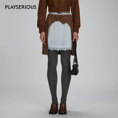 LACERTA2025秋季新款正反两穿解构H型中长裙棕蓝撞色蕾丝拼接半裙