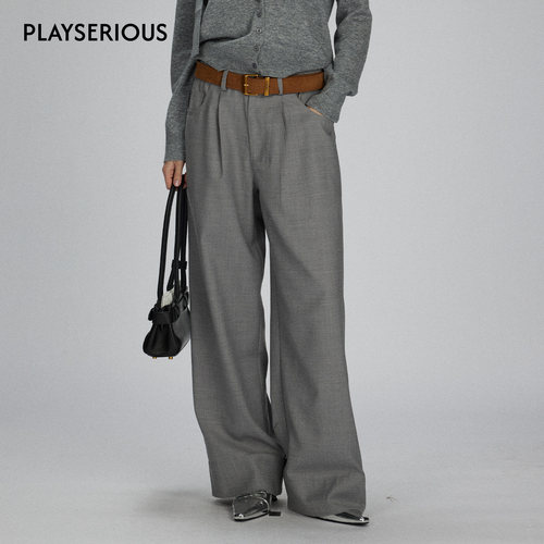 LACERTA 2025秋季新款柔雾灰藏蓝色双腰头阔腿长裤时尚百搭休闲裤