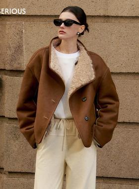 【辣目洋子同款】Marc Moore 2025秋新款咖色双面穿大翻领短外套