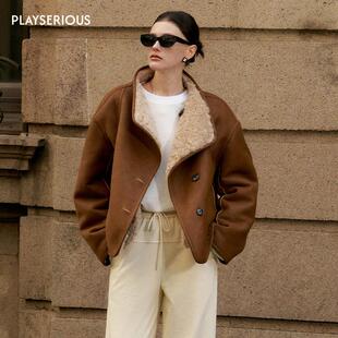 【辣目洋子同款】Marc Moore 2025秋新款咖色双面穿大翻领短外套