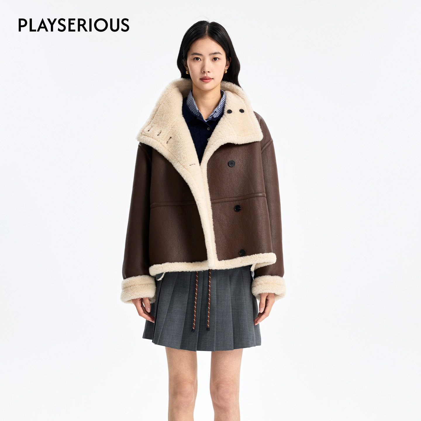 CONCISE-WHITE简白 2025秋冬新短款机车外套女羊毛柔系美式皮衣