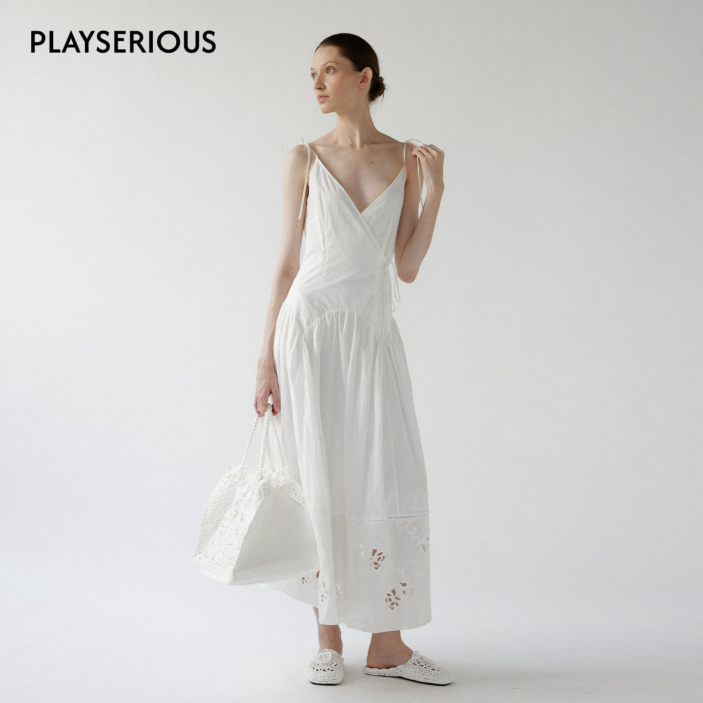 NONETONE 2026春季新款镂影花绣棉质绣花拼接吊带连衣裙气质长裙