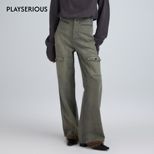 YFLYIFULU 2025秋冬新款鼠尾草绿缉线腰头水洗牛仔裤女复古直筒裤