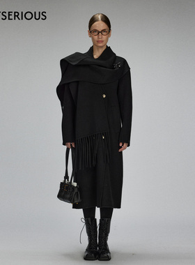 LACERTA2025秋季新款连身围巾羊毛双面呢长大衣女纯色简约外套