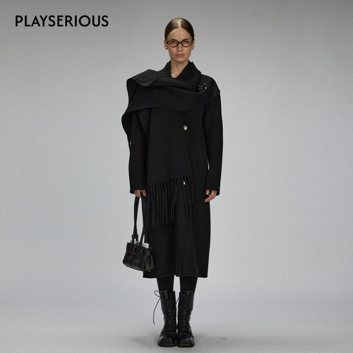 LACERTA2025秋季新款连身围巾羊毛双面呢长大衣女纯色简约外套