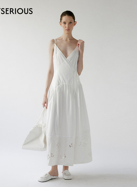 NONETONE 2026春季新款镂影花绣棉质绣花拼接吊带连衣裙气质长裙