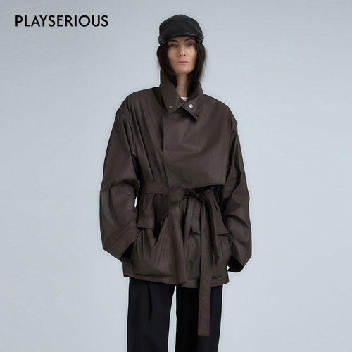 YFLYIFULU 2025秋冬新款高智简约涂层战壕风衣女设计感乌木棕外套