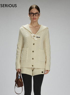 LACERTA 2025秋季新款绞花海军领小花点缀羊毛针织外套短裤套装女