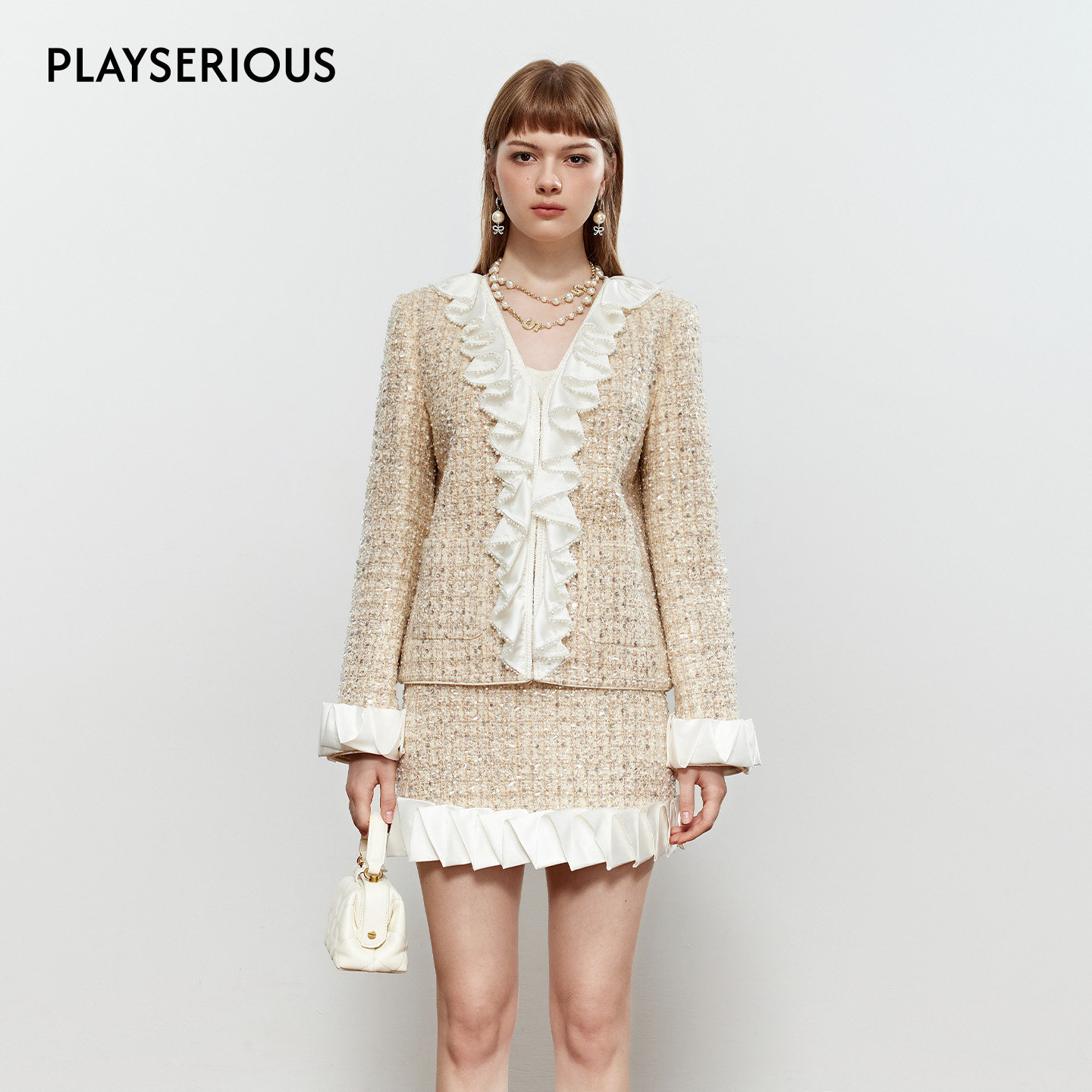 ROCHAROMMA 2025秋季新款V领亮片珍珠荷叶边上衣半裙两件套女