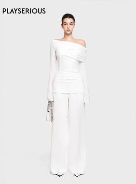 CHATS BY C.DAM 2025春夏新款剪裁压褶高腰直筒阔腿白色休闲裤