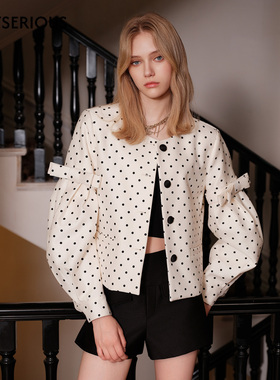 Marc Moore 2025秋季新款波点蝴蝶结泡泡袖拼接短款外套早秋外套