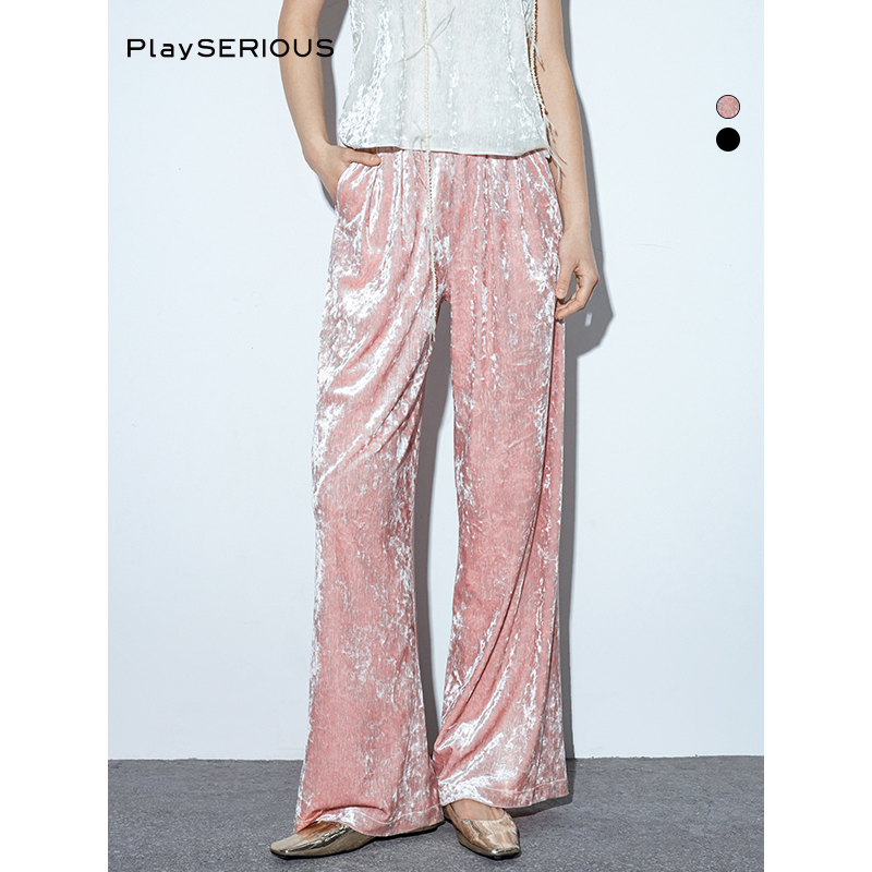 SSPARKLING丝绒高腰松紧直筒裤