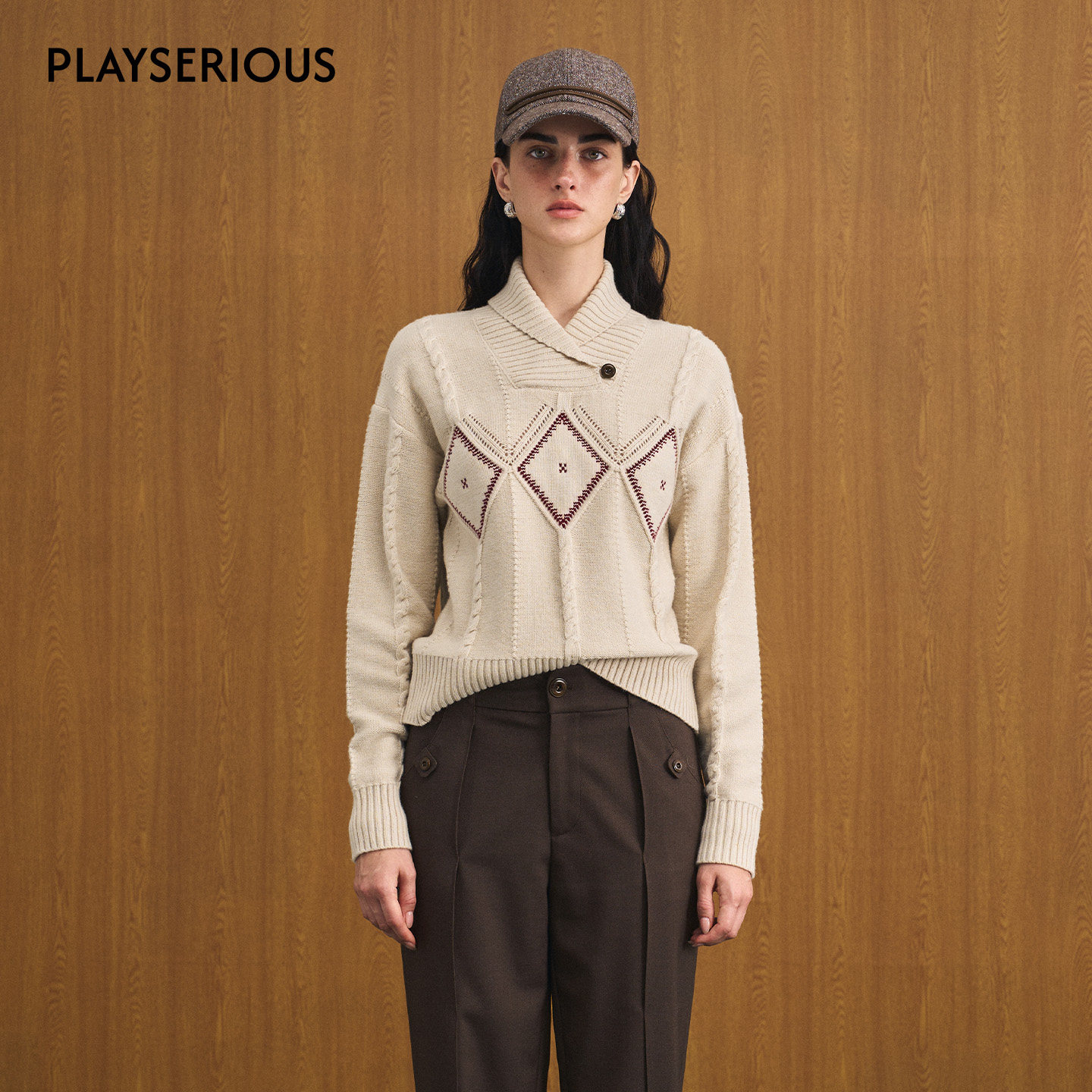 【Savi同款】Palavas 2025秋季新款索邦诗会菱格纹V领针织上衣女