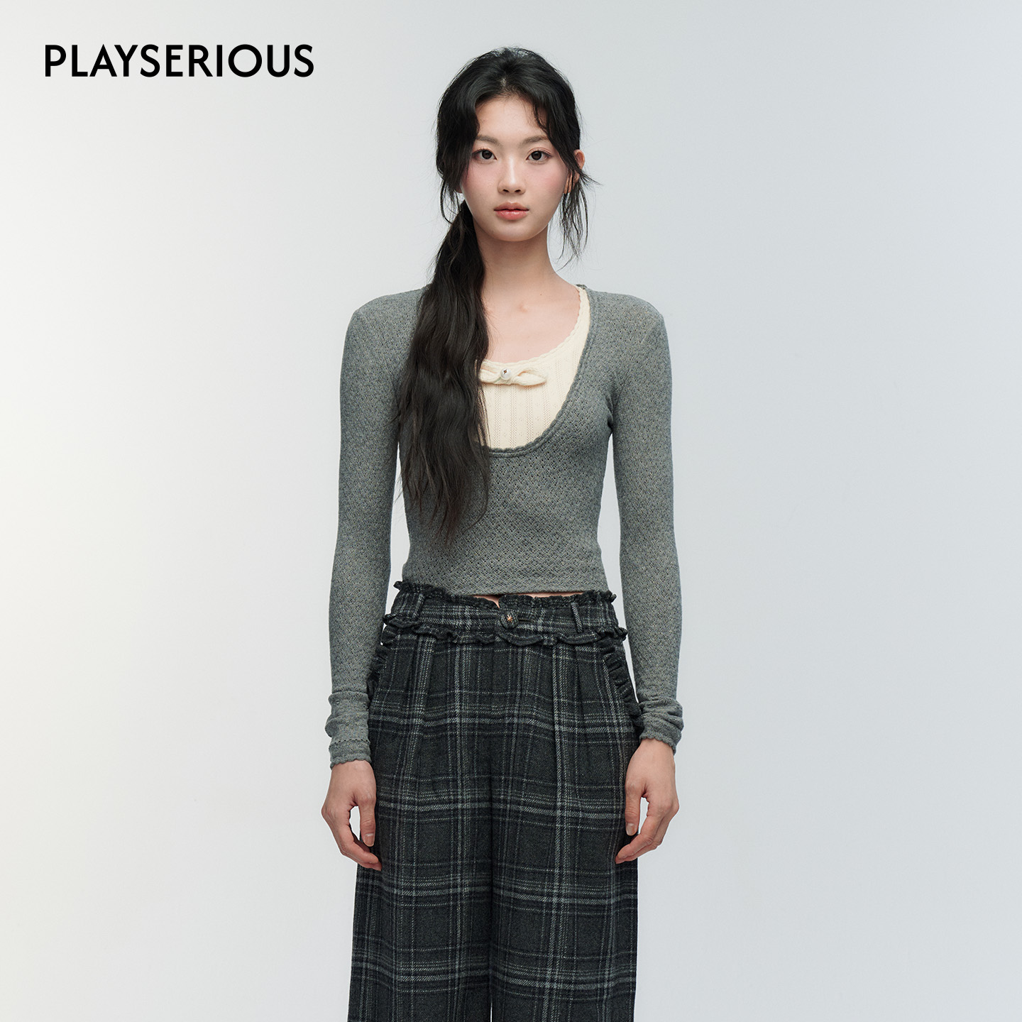 ORA GENESIS 2025秋季新款兔耳朵针织上衣女修身拼接短款时尚上衣