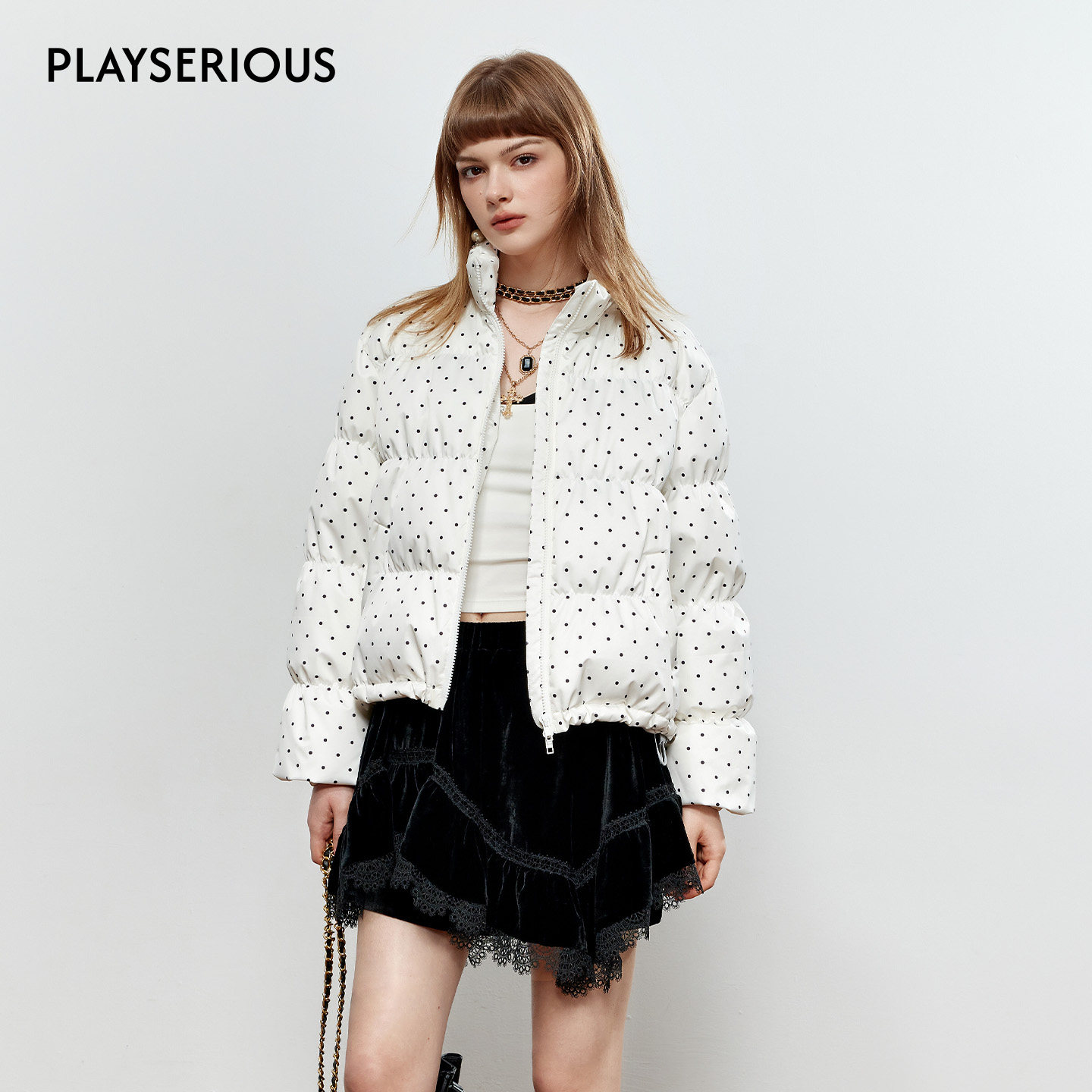 ROCHAROMMA 2025秋季新款波点毛领羽绒服女短款百搭羽绒服外套