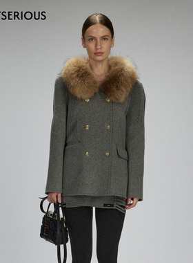 LACERTA 2025秋冬新款灰色双排扣大毛领箱形羊毛双面呢短大衣女
