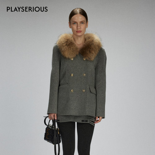 LACERTA 2025秋冬新款灰色双排扣大毛领箱形羊毛双面呢短大衣女