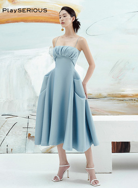 CHATS BY C.DAM 温柔甜美礼服裙女显瘦褶皱抹胸口袋大摆连衣长裙