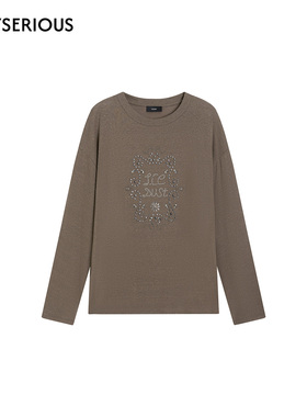 ICE DUST 2025秋季新款钉珠印花T恤女简约百搭纯色上衣套头打底衫