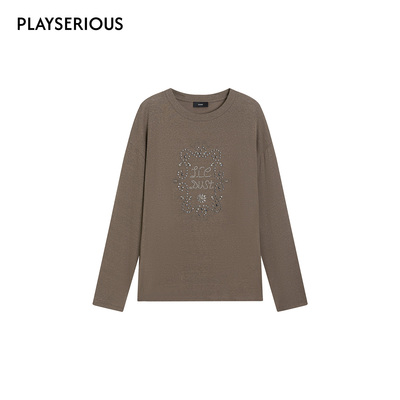 ICE DUST 2025秋季新款钉珠印花T恤女简约百搭纯色上衣套头打底衫