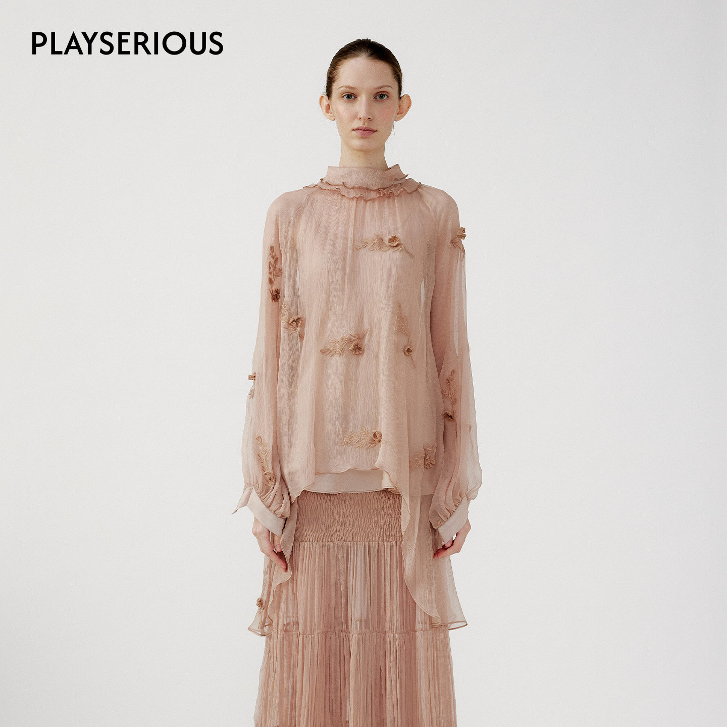 NONETONE 2026春夏新款肌理立体绣花飘带上衣女桑蚕丝宽松上衣