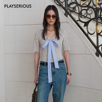 系带两穿镂空针织短袖