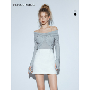 SSPARKLING秋季新款性感一字肩褶皱蝴蝶两穿针织衫上衣女ins