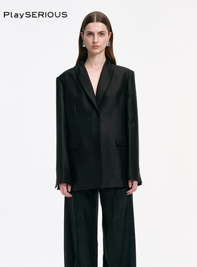 HAI STUDIO 秋季新款黑色宽松廓形羊毛青果领西装外套女显瘦