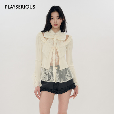 蕾丝蝴蝶结衬衣针织两件套女