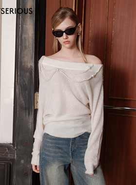 【董璇魏笑同款】Marc Moore25秋季新款珍珠链条一字肩羊驼毛衣