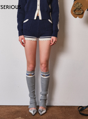 ARTE PURA 2025秋季新款藏青拼白色花边毛织短裤时尚撞色休闲短裤