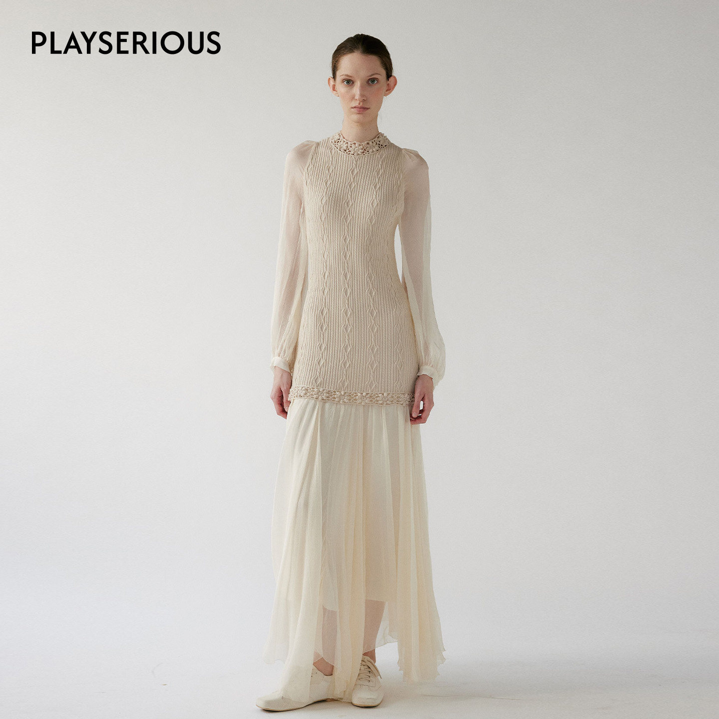 NONETONE 2026春季新款羊毛针织手钩花拼接真丝百褶针梭拼连衣裙