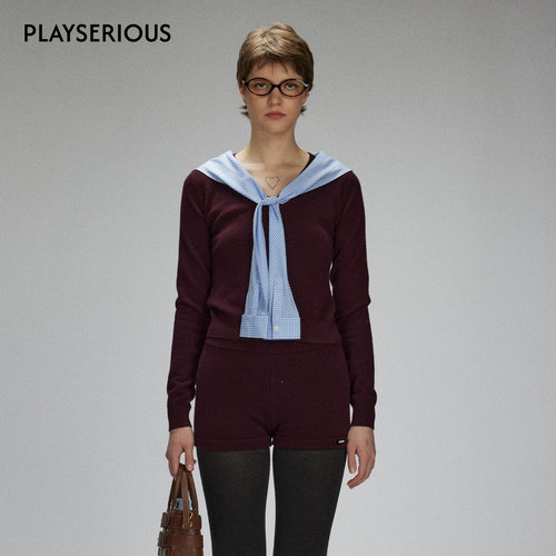 LACERTA 2025秋季新款披肩针梭拼接针织毛衣学院风蓝格纹羊毛上衣