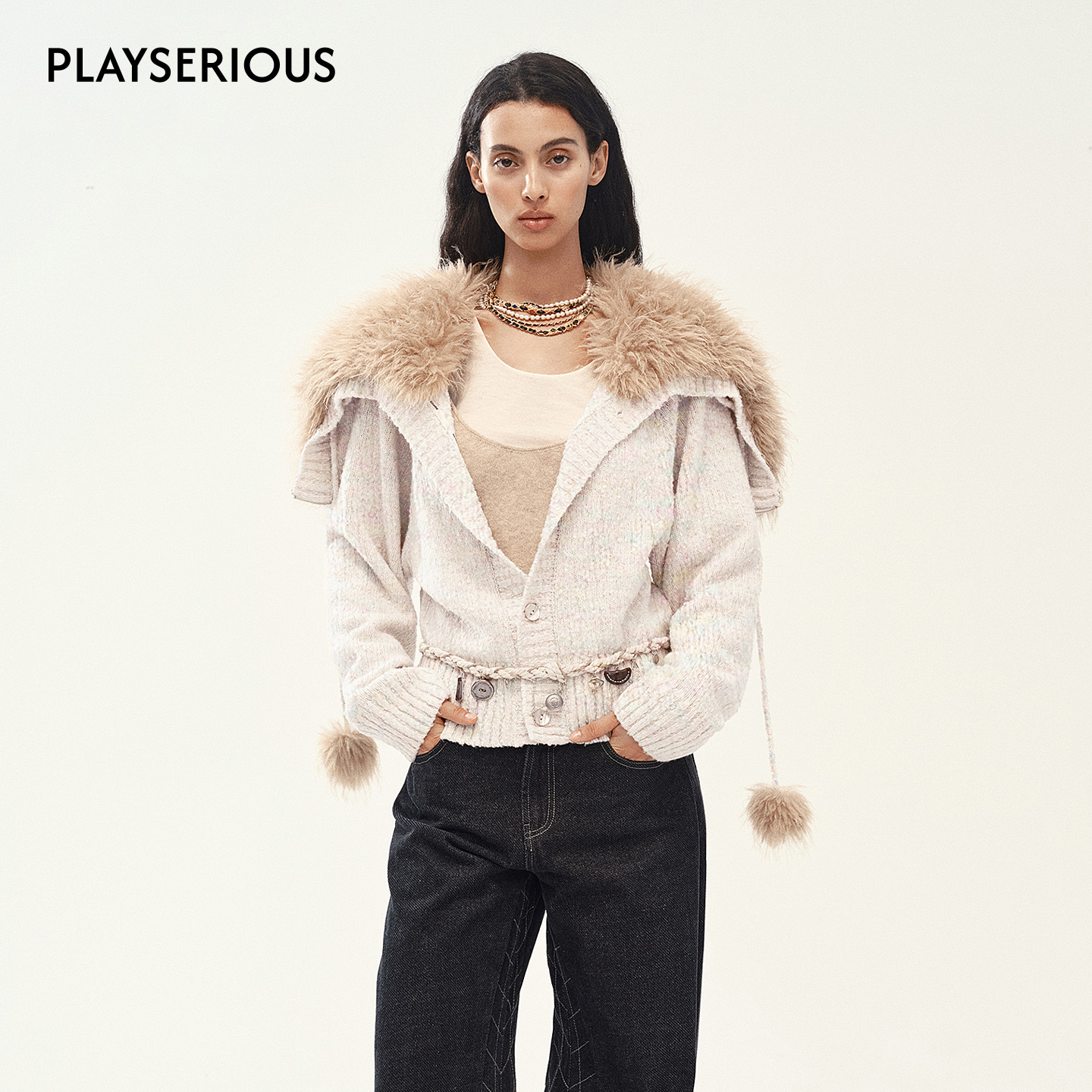 【明星同款】Medium Well 2025秋季新款毛领羊毛针织开衫气质外套