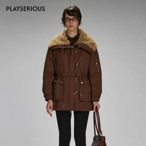 LACERTA 25秋冬新款翻毛领牛角扣长款鹅绒服复古中长款鹅绒服外套