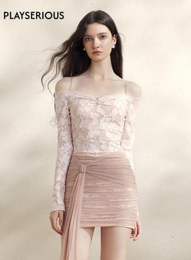 SSPARKLING 淡人穿搭25春夏新款小众千金感剪花一字肩拼接连衣裙