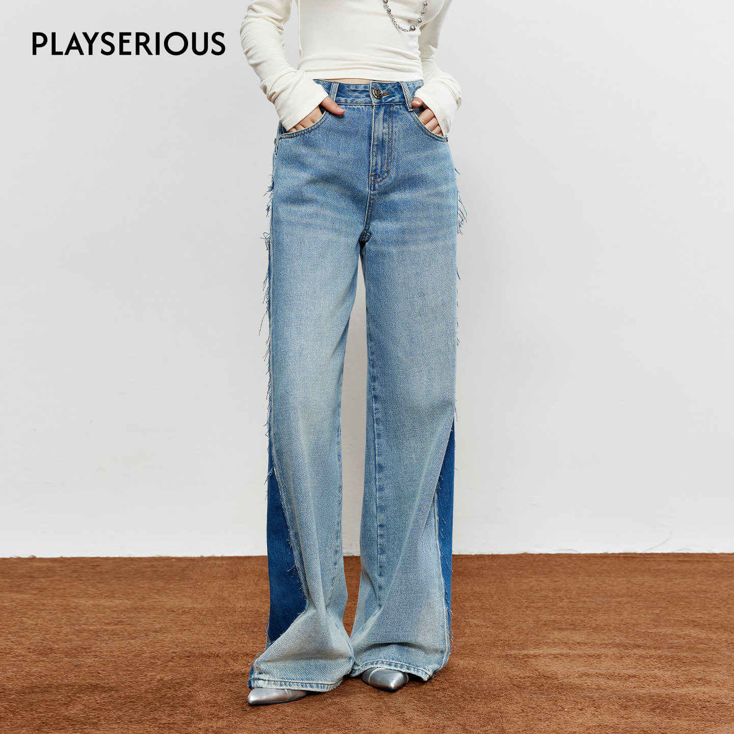 ROCHAROMMA 2025秋季新款撞色拼接牛仔裤女时尚百搭直筒牛仔长裤