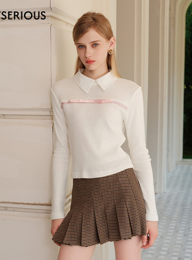 Marc Moore 2025秋季新款蝴蝶结丝带小翻领毛衣女学院风针织上衣