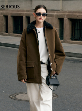 Marc Moore 2025秋冬新款翻领羊羔毛拼接猎装夹克外套女复古夹克