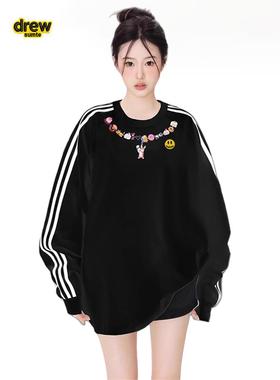 Drew House笑脸女黑色宽松插肩长袖t恤春秋款上衣三条杠圆领卫衣