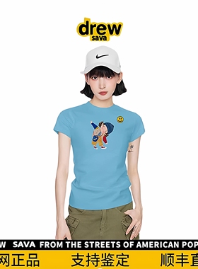 Drew House新笑脸女士蓝色印花正肩短袖t恤夏季紧身修身显瘦上衣