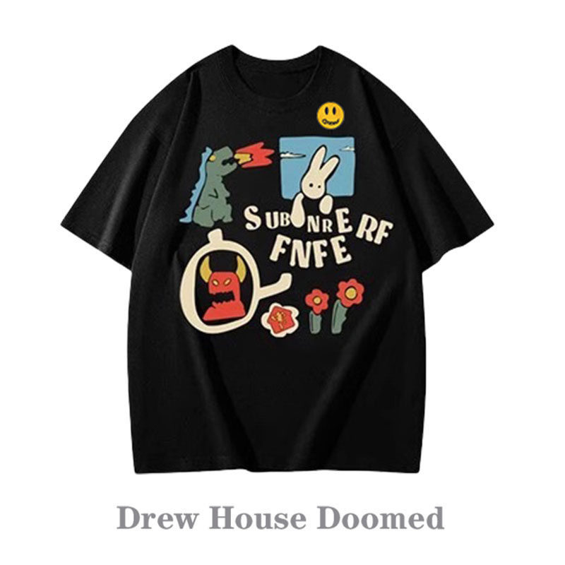 Drew Sava Doomed笑脸夏季卡通印花纯棉短袖女宽松上衣