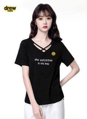 Drew House新笑脸女士夏季黑色镂空V领短袖T恤交叉设计感正肩上衣