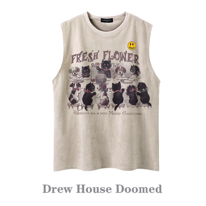官方正品Drew Sava Doomed笑脸复古猫咪印花背心男女宽松运动T恤