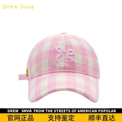 官方正品Drew House笑脸蝴蝶结棒球帽子女夏格子鸭舌帽显脸小