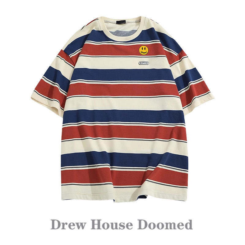 官方正品Drew Sava Doomed笑脸复古条纹圆领短袖情侣百搭体恤夏