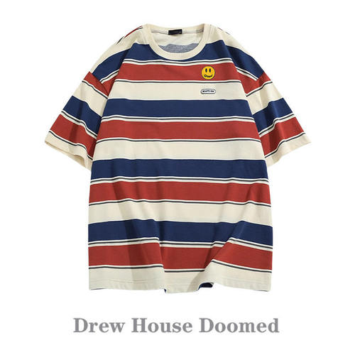 官方正品Drew Sava Doomed笑脸复古条纹圆领短袖情侣百搭体恤夏